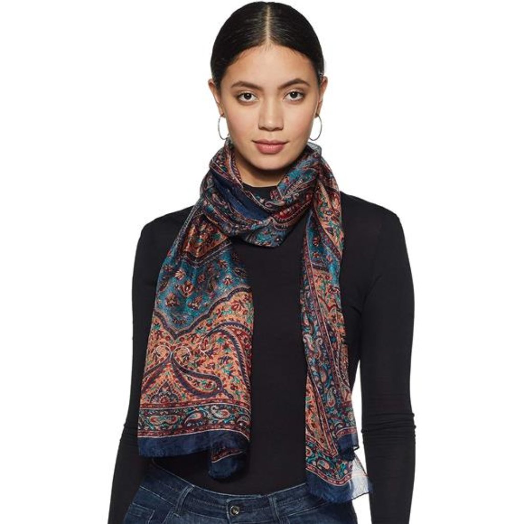 100 Silk Scarf Long Lightweight Pf Navy Blue